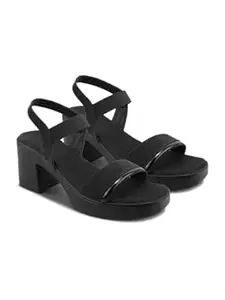 SELFIEE Women’s Stylish Comfortable Elastic Back-Strap with Gold Piping Block Heel Sandals
