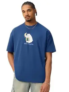 The Souled Store We Bare Bears: Story of My Life Men and Boys Short Sleeves Round Neck Blue Graphic Printed Lightweight Drop Shoulder Streetwear Trendy Oversized T-Shirt