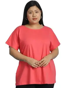 theRebelinme Plus Size Women's Peach Solid Color Cotton Knitted Kimono Sleeve T-Shirt-(XXXXXL)
