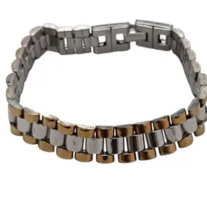 Stainless Steel Kada Bracelet for Men | Plated Heavy Link Chain Design | Stylish Wristwear & Fashion Accessory for Boys (Two Tone)