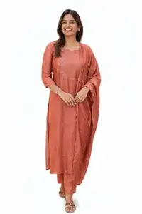 ALAKHI STUDIO Women Cotton Kurta Pant Set with Chanderi Cotton Dupatta | 3-Piece Straight Fit 3/4 Sleeves Kurta with V-Neck | Ethnic, Festive & Casual Wear for Women| 3 Piece Set