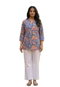 JIVAS COLLECTIVES Women’s Pure Katha Cotton & Cotton Floral Print Kurti | Short Tunic Top for Women | Round V-Neck 3/4 Sleeve Ethnic Kurti for Daily & Casual Wear