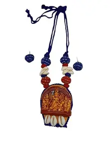 Handcrafted Durga Pendant Necklace Set, Blue and Red Beaded Design with Cowrie Shell Accents, Traditional Indian Jewellery