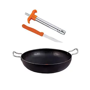 KITCHEN SHOPEE Iron Heavy Base Kadhai deep Kadai/Frying Pan for Cooking Heavy Base Multipurpose use Color Black 8 Inch 20.50 cm & 1.5 Liters 1 PES Gas Lighter Induction Friendly price in India.