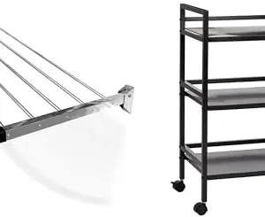 CONCEPT & SOLUTIONS 5 Pipes x 5 Feet - Foldable Wall Mounted Cloth Dryer/Clothes Stand (4 Pipes, 3 feet) and 3-Tier Rolling Cart Shelves,Heavy Duty Multifunctional Rolling Cart with 2 Lockable Wheels Combo Pack|CS-330