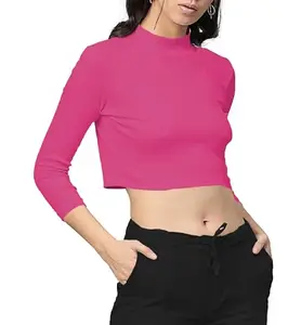 THE BLAZZE 5064 Women's Basic Solid High Neck 3/4 Sleeves Stretchable Ribbed Crop Top for Women Stylish Western L594 5064 (L, DPK)