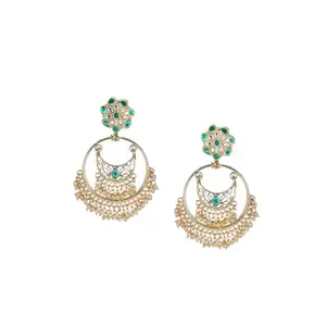 Adwitiya Collection Gold-Plated Stone-Studed Pearl-Tessel Chandbali Earrings|Trendy Stylish Earrings for Womens & Girls