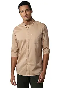 Peter England Men's Checkered Slim Shirt (PCSFSSLP390226_Light Khaki 39)