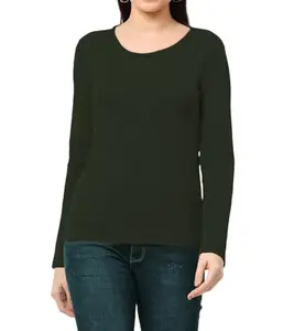 THE BLAZZE Women's Cotton Latest Casual Wear Round Neck Full Sleeve Basic Solid Comfy Full Tops for Womens L231 KB1058 (2XL, AGR)