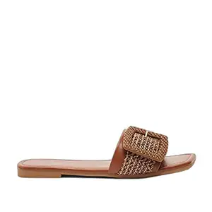 shoexpress Women's Textured Slip-On Slides with Buckle Accent, Brown, 5
