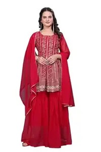 Women's Georgette Readymade Kurta & Sharara Dupatta Set Stylish Kurti Set for Women | Embroidered Work Kurta Set For Any Occasion