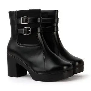 STRASSE PARIS Women’s Black Double Buckle PU Ankle Boots | Block Heel Boots,3