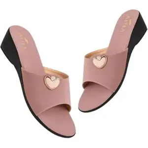 Aella Women's Open Toe Wedge Sandals with Heart Embellishment | Stylish Slip-On Fashion Slides for Casual Outings, Parties and Special Occasions | Comfortable Synthetic
