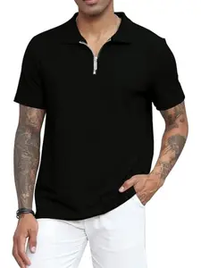 madfrog Zip Polo T-Shirt for Men – Solid Color, Polyester Blend | Regular & Comfort Fit Black