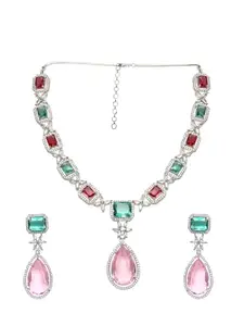 fabula Jewellery Green & Pink American Diamond Necklace Set - Delicate Look - Party-Wear - For Women & Girls Stylish Latest (ATSET114_Z1)