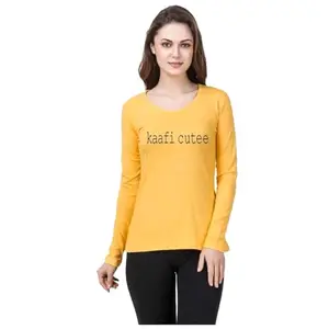 Cotton Blend Round Neck Fullsleeve Printed T Shirt for Women, Pack of 1_Women_Fullsleeve_Yellow-005_M