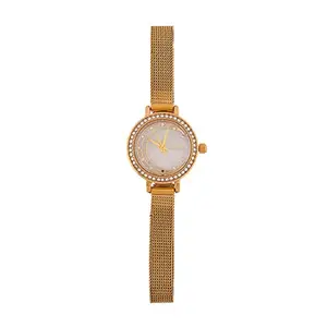 Voylla Gem Studded Gold Toned Embellished Dial Stainless Steel Bracelet Style Straps Analogue Quartz Movement Ladies Watch for Women and Girls