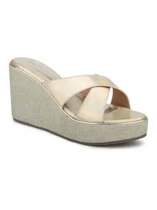 Inc.5 Women Gold-Toned Shimmery Cross Strap Wedge Heels
