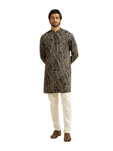 Manyavar Men's Spandex Abstract Digital Print Long Kurta (Black,S)
