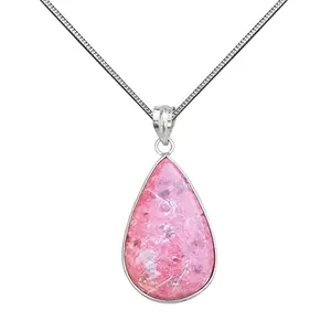 KIRTI GLOBAL Natural Rhodochrosite Necklace Pendant with 18 Inch Brass Silver Plated Chain Teardrop Rhodochrosite with Handmade Birthstone Necklace for Women
