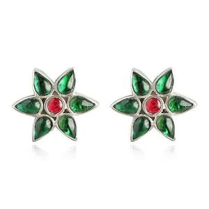 UNNIYARCHA 92.5 Silver Green Kundan Flower Stud Earrings for Women Pure Silver 925, Sterling Silver Jewellery with Certificate of Authenticity & 925 Earrings for Women Silver