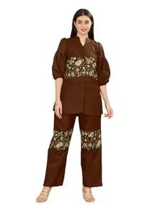 Women's Cotton Slub Thread Embroidered Worked Co-Ord Set | 2 Piece Top Bottom Set