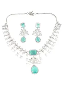 Adwitiya Collection Rhodium Plated Blue Crystal White CZ Studded Necklace Set for Women and Girls