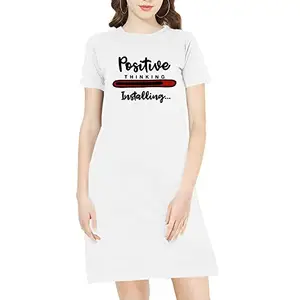 Women's Regular Fit Knee Length Positive Thinking Installing Cotton Printed Round Neck Half Sleeves Tshirt. Thought,Text,Trending Tshirts. (BZ_TVP-Long-Female-L-PTI-01-White)