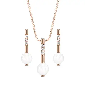Clara 925 Sterling Silver Pearl Rose Pendant Earring Chain Jewellery Set | Rose Gold Rhodium Plated, Swiss Zirconia | Gift for Women & Girls