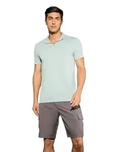 TECHNOSPORT Men's Solid Slim Fit Mock Neck T-Shirt COTFLEX Half Sleeve Zip Polyester for Gym Running Workout UPF50+ Anti Odour