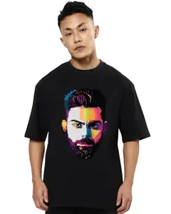 fanideaz Round Neck Oversized Virat Kohli Printed Half Sleeve Tshirt for Mens_Black_S