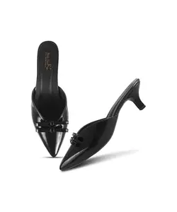 FROH FEET Women’s Kitten Heel Bow Detail Pointed Toe Mules – 2-Inch Slip-On Dress Shoes for Wedding Party Prom Date - Black