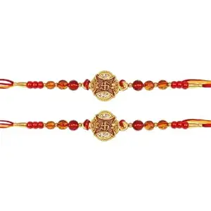 Traditional Handcrafted Rakhi Set, Beaded Design with Red and Yellow Thread, Pieces Roli,chawal,chandan and Mishri.