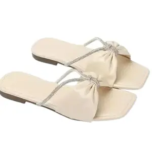 Women's Bow Knot Flat Sandals, Square Toe Slip-On Slides, Pink (Cream, UK Footwear Size System, Adult, Women, Numeric, Medium, 9)