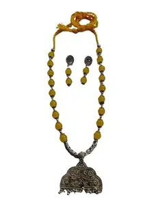 GREEN COLLECTION Traditional Yellow Pearls Bengali Necklace-Earrings Set | Specially Design For Durda puja, Rakhi, Diwali, Navratri & All Festival | Stylish Design Jewellery Gift For Women & Girls
