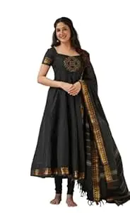 Women's Beautiful Kanchi Cotton with Jacquard Less with Embroidery AnarkaliGown & Dupatta Set AnarkaliGown3/4 Sleeve with Less Ethnic AnarkaliGown and Dupatta Lehenga Choli (BLACK, XL)