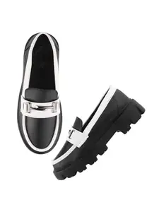 Shoetopia Front Buckle Detailed Black Loafers for Women & Girls-EU40