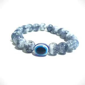 Evil Eye Bracelet, Grey Crackle Beads with Blue Evil Eye Charm, Elastic Stretch