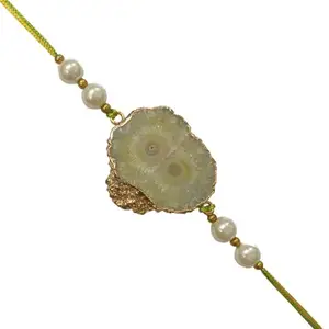 The Cosmic Connect Yellow Druzy Agate Oval Shape Crystal Rakhi for Protection and Harmony Chakra Balancing, Stress Relief, and Positive Energy