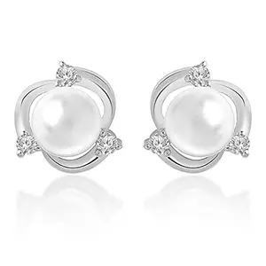 MINUTIAE Silver Plated Pearl Ear Tops Stud Earring With Solitaire Crystal Diamond Fashion Jewellery For Women and Girls
