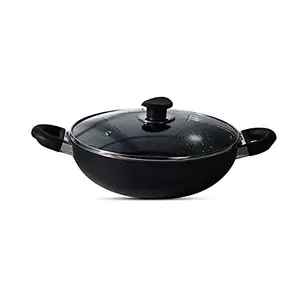 Bergner Essential Plus 5 Layer Marble Non Stick Kadai/Kadhai with Glass Lid, 26 cm, 4.5 litres, Induction Base, Food Safe (PFOA Free), Thickness 2.8mm, 1 Year Warranty, Black price in India.