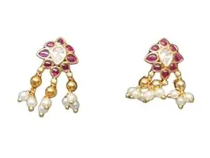 Ear Studs with Kundan, Pink stones and Pearls, Push Back