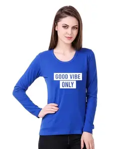Cotton Blend Round Neck Full Sleeve Printed T Shirt for Women, Pack of 1, Blue, Blue-04