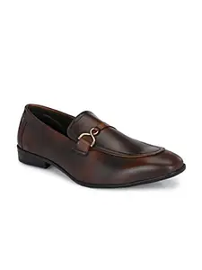 San Frissco Men's Brown Faux Leather Formal Slip-Ons with Buckle Detailing