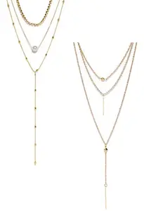 OOMPH Jewellery Combo of 2 Gold Tone Lariat Multi Layered Multi-Strand Crystal & Pearls Fashion Necklace for Women & Girls