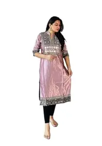 TOUCH OF KUTCH Women's Ethnic Mashru Silk Straight Kurti with Ajrakh Hand Block Print Yoke