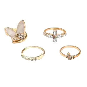 Butterfly Crystal Ring Set, 4 Pieces, Gold-Plated Fashion Rings with Rhinestones