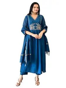 GoSriKi Women’s Viscose Blend Embroidered Gown Style Kurta Set with Pant and Dupatta | Ladies Ethnic Three Piece Outfit | V Neck 3/4 Sleeve Long Kurta Pant Dupatta Set