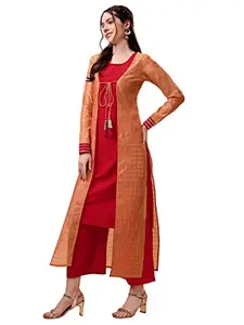 EthnicJunction EthnicJunction Women's Solid Chinon Kurta and Palazzo Set with Chanderi Jacket (B33-Jacket Kurta-Red Orange_2XL_Wine Grey)