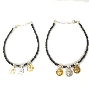 Vintage Coin Charm Anklet with Black Jaco Beads, Pack of 2, for Women and Girls